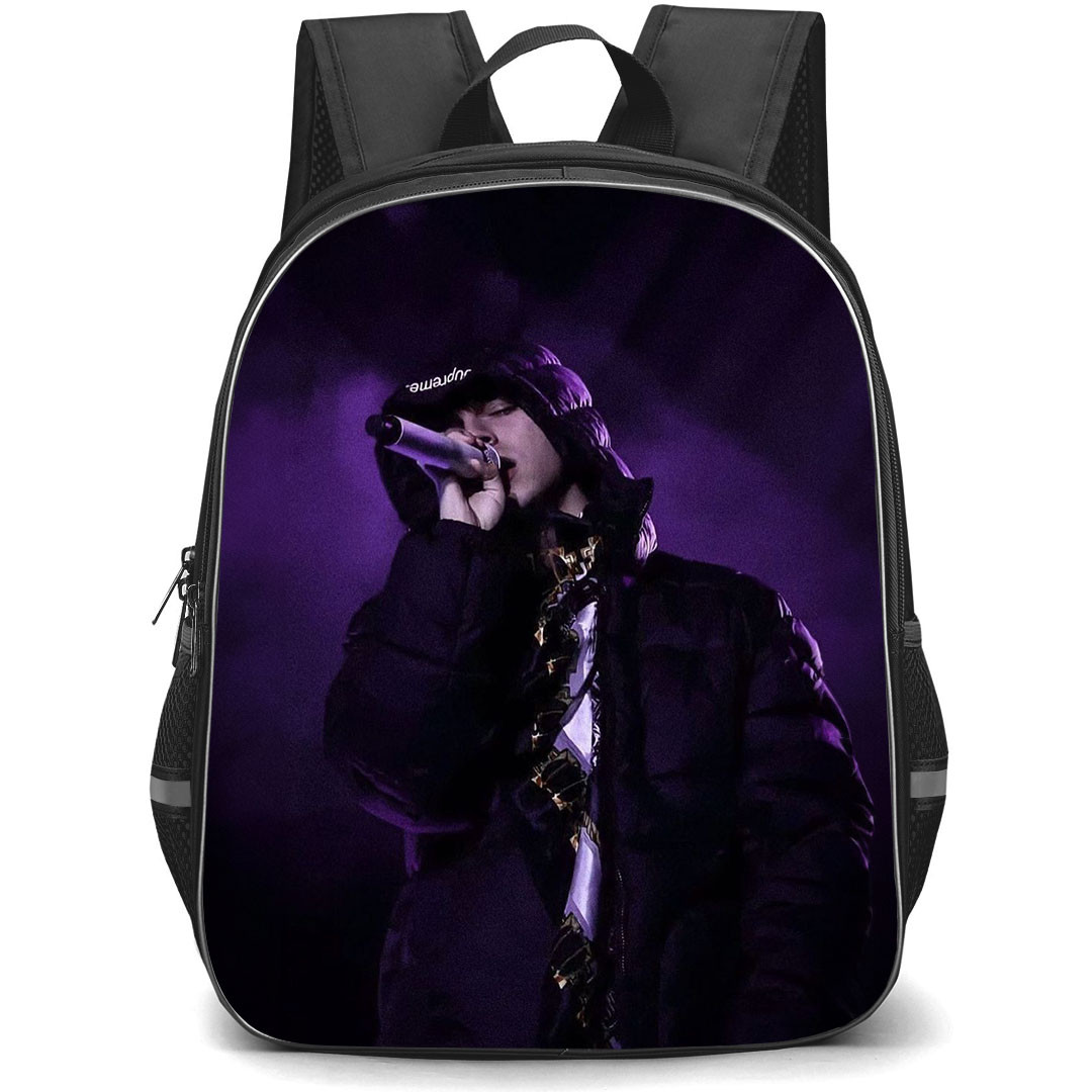Peso Pluma Backpack StudentPack - Peso Pluma Singing Poster On Dark Purple Spot Light