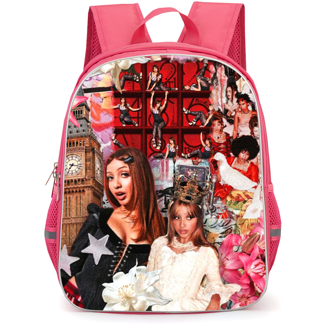 PinkPantheress Backpack School Bag StudentPack - PinkPantheress White Dress Crown On Head Red Boxes Background Collage Poster