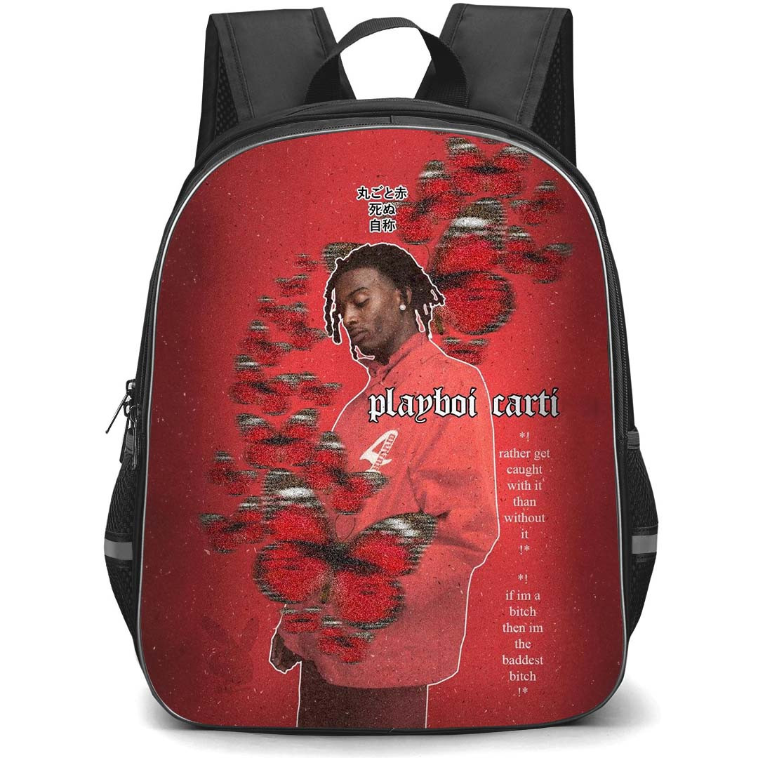 Playboi Carti Backpack StudentPack - Playboi Carti Lyrics Rather Get Caught Red Graphic Art Poster