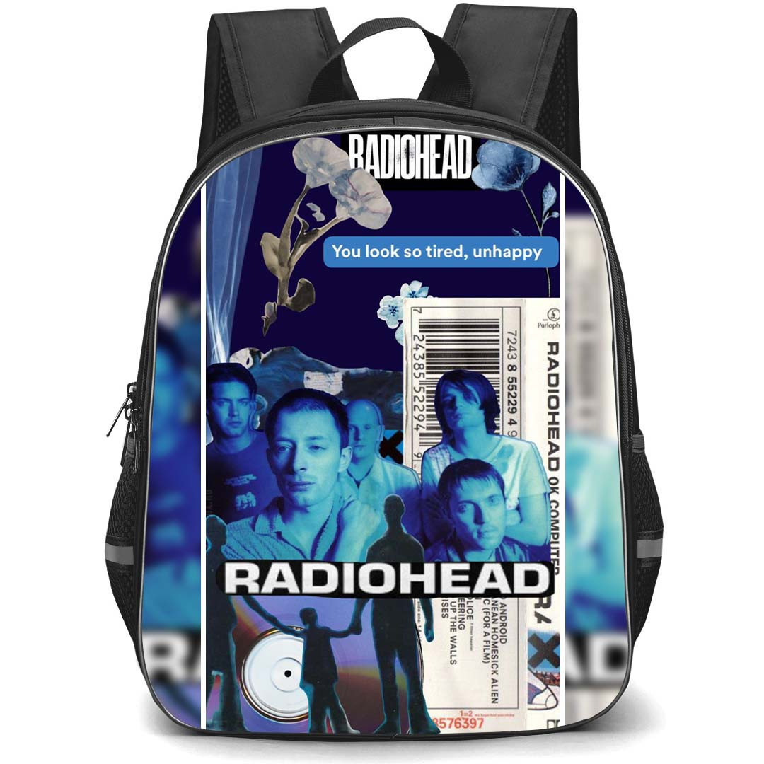 Radiohead Backpack StudentPack - Radiohead You Look So Tired Unhappy Collage