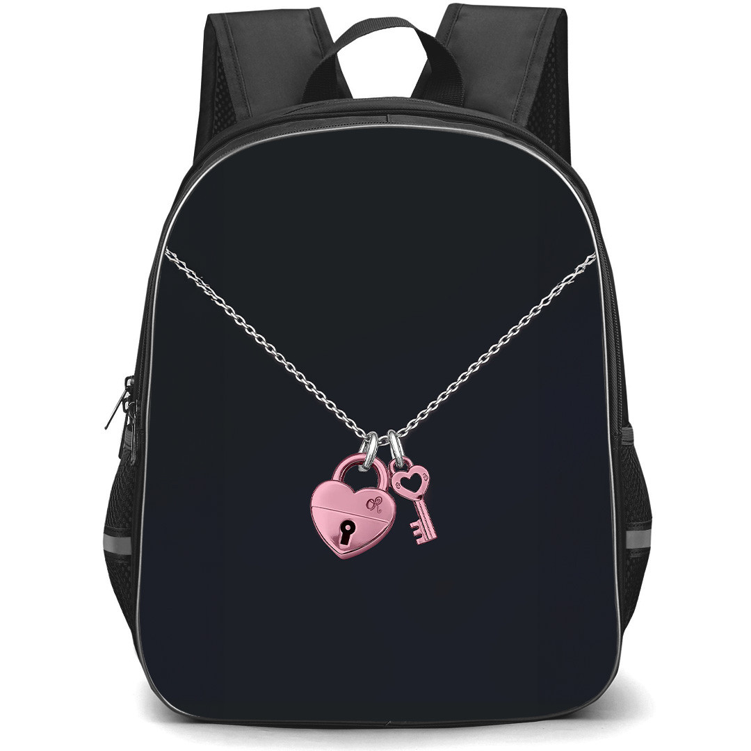 Olivia Rodrigo Backpack School Bag StudentPack - Olivia Rodrigo Heart Lock Key Necklace On Dark Background
