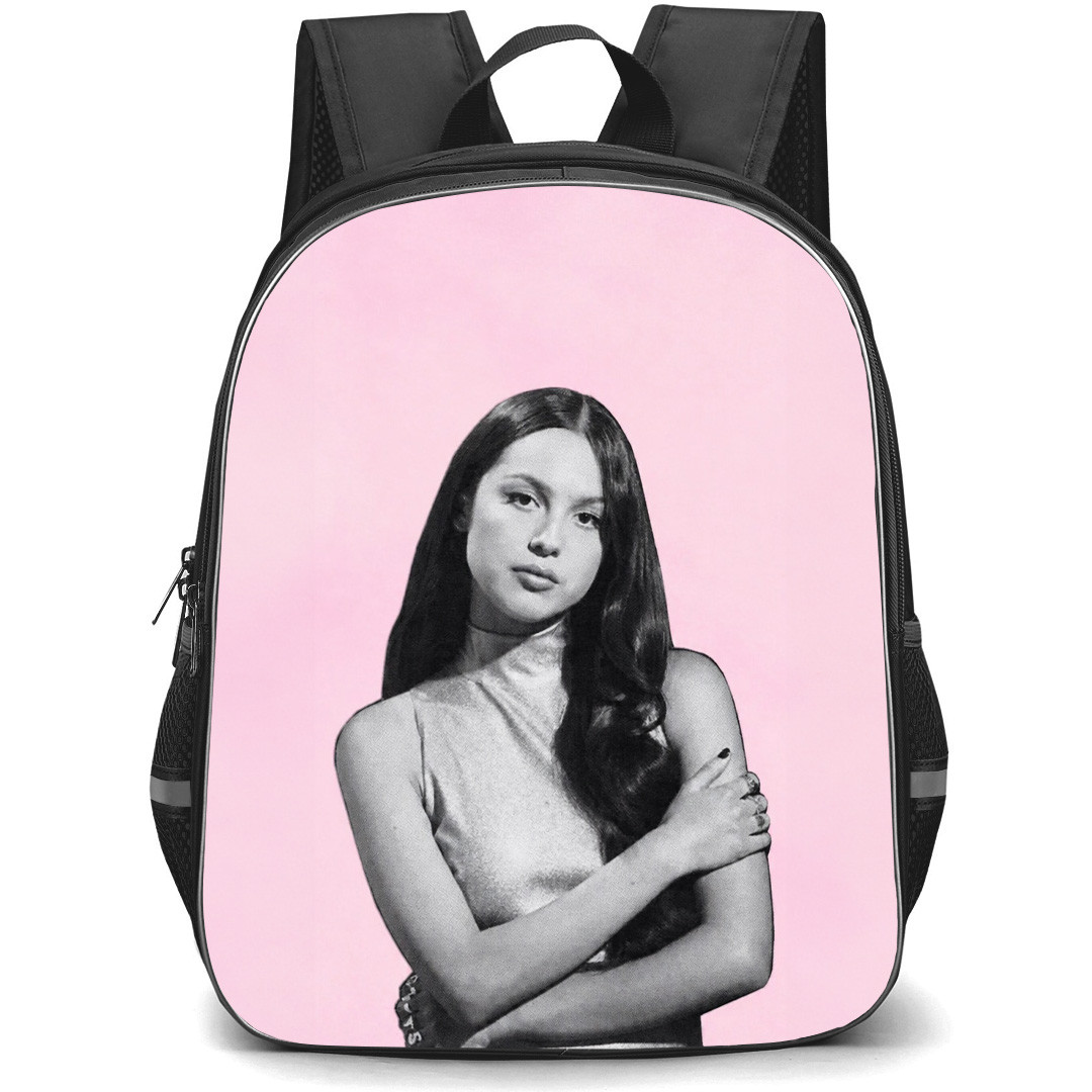 Olivia Rodrigo Backpack School Bag StudentPack - Olivia Rodrigo Holds Arms Pink Background Poster