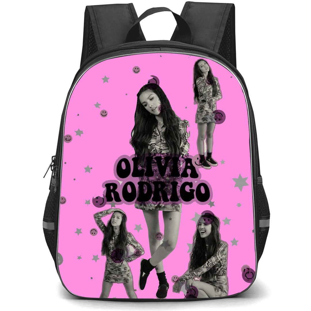Olivia Rodrigo Backpack StudentPack - Olivia Rodrigo Standing Grayscale On Pink Background