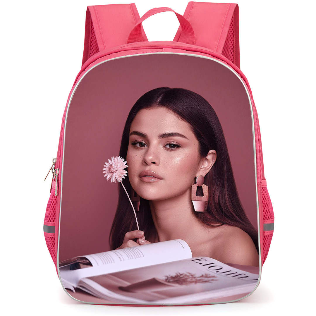 Selena Gomez Backpack School Bag StudentPack - Selena Gomez Holds Flower with Pink Background