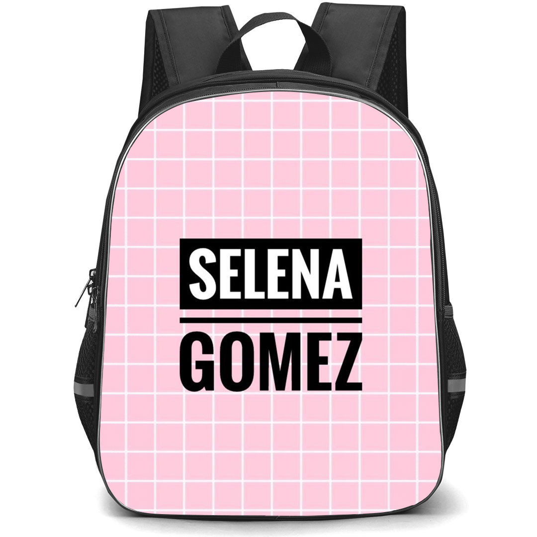 Selena Gomez Backpack StudentPack - Selena Gomez Logo With Pink Plaid Background
