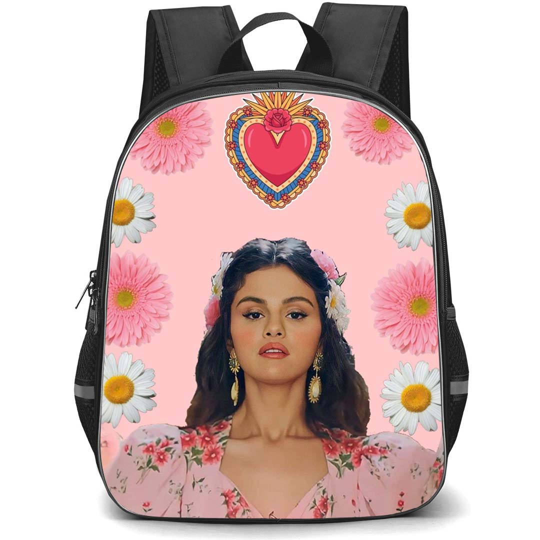 Selena Gomez Backpack StudentPack - Selena Gomez Portrait On Pink Floral Background