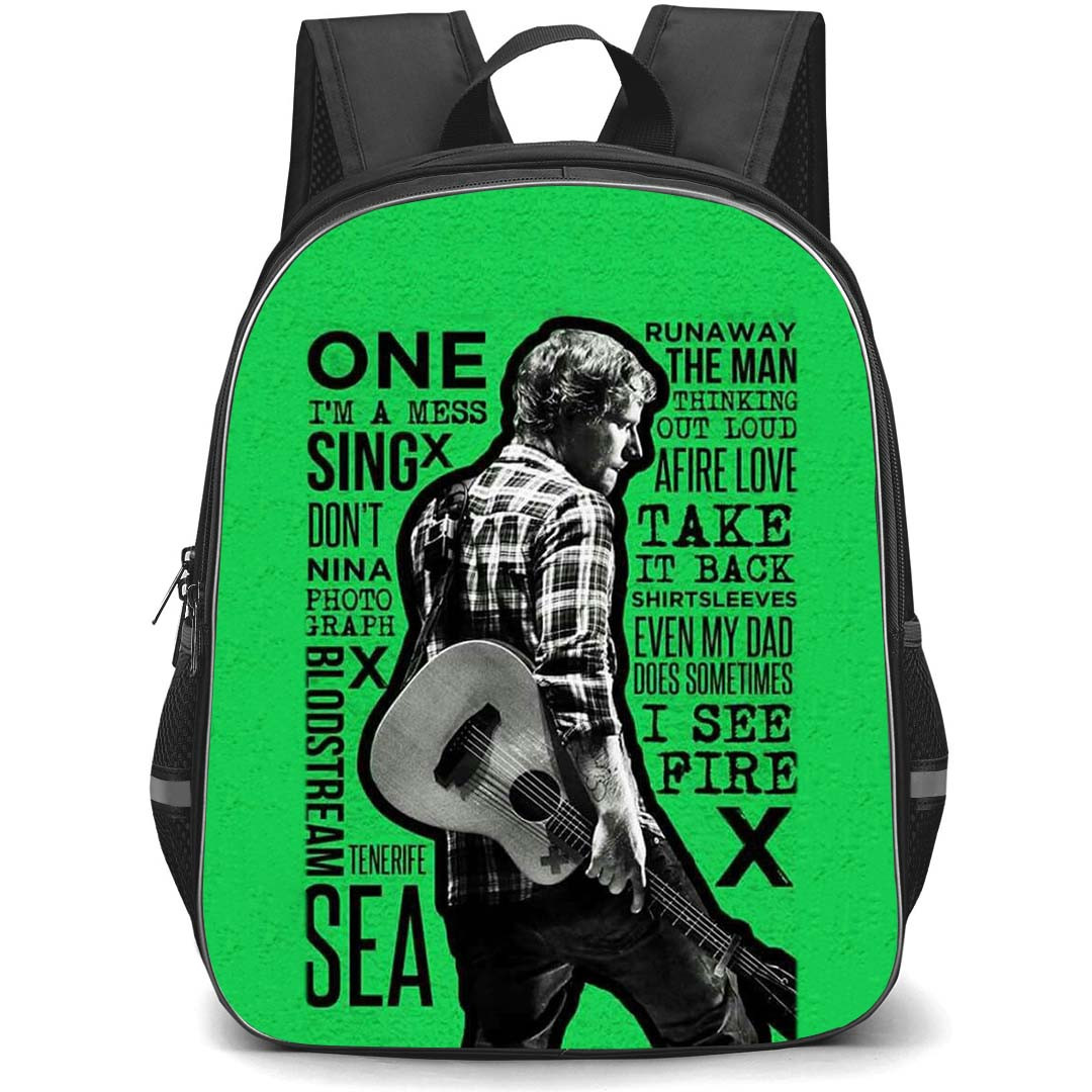 Ed Sheeran Backpack StudentPack - Ed Sheeran Holding Guitar Standing Back On Lyrics Art Green Background