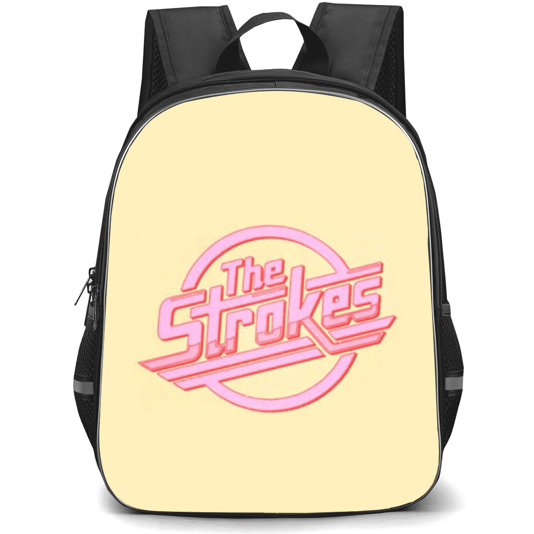 The Strokes Backpack School Bag StudentPack - Pink Band Logo Beige Background