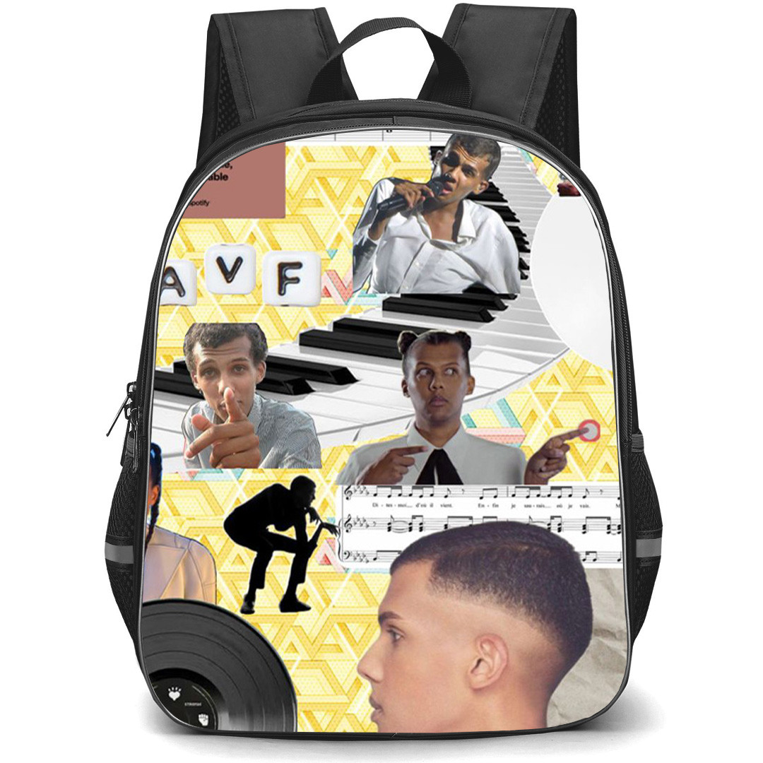 Stromae Backpack School Bag StudentPack - Stromae Side Profile Yellow Background Collage Poster