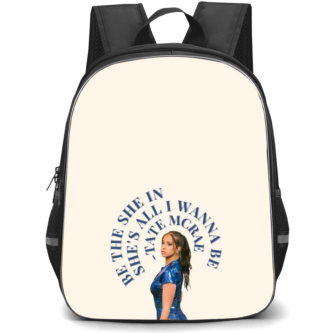 Tate McRae Backpack StudentPack - Tate McRae Side Portrait With Lyrics Be The She In On Beige Background