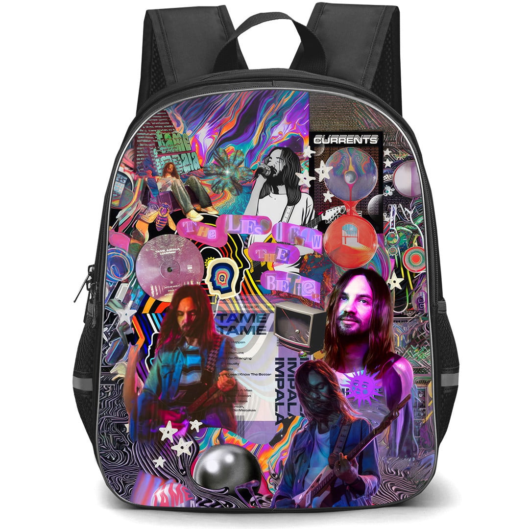 Tame Impala Backpack School Bag StudentPack - Tame Impala Kevin Parker Currents Fan Art Collage with Retro TV and Graphics