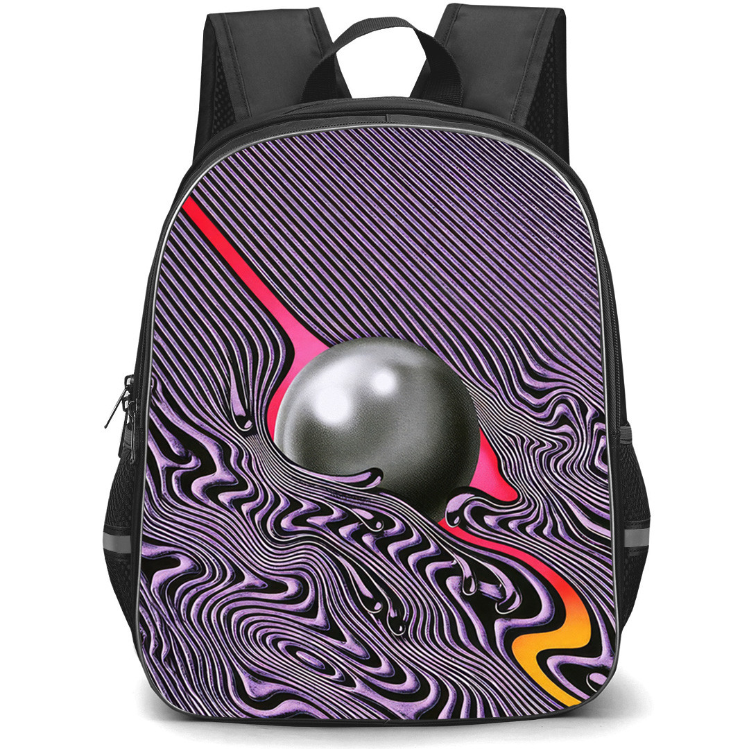 Tame Impala Backpack School Bag StudentPack - Tame Impala Diagonal Purple Lines with Silver Ball in Turbulent Flow