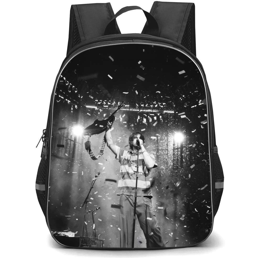 Tame Impala Backpack School Bag StudentPack - Tame Impala Kevin Parker Raising Guitar in Concert with Falling Confetti