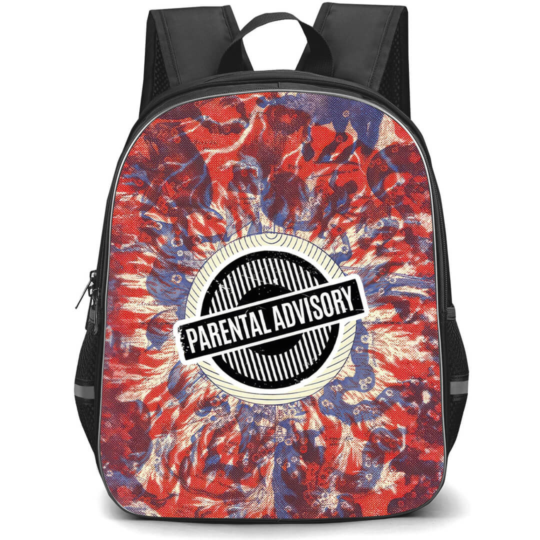 Tame Impala Backpack School Bag StudentPack - Tame Impala Parental Advisory Logo on Vintage Red and Blue Halftone Zodiac Star Map Background