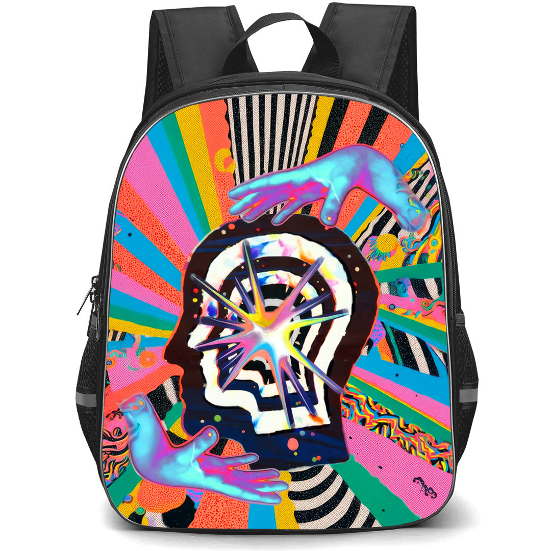 Tame Impala Backpack School Bag StudentPack - Tame Impala Psychedelic Sunburst Head and Hands Colorful Background