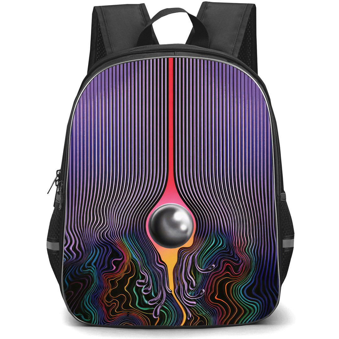 Tame Impala Backpack School Bag StudentPack - Tame Impala Vertical Purple Lines with Silver Ball and Multicolored Flowing Background