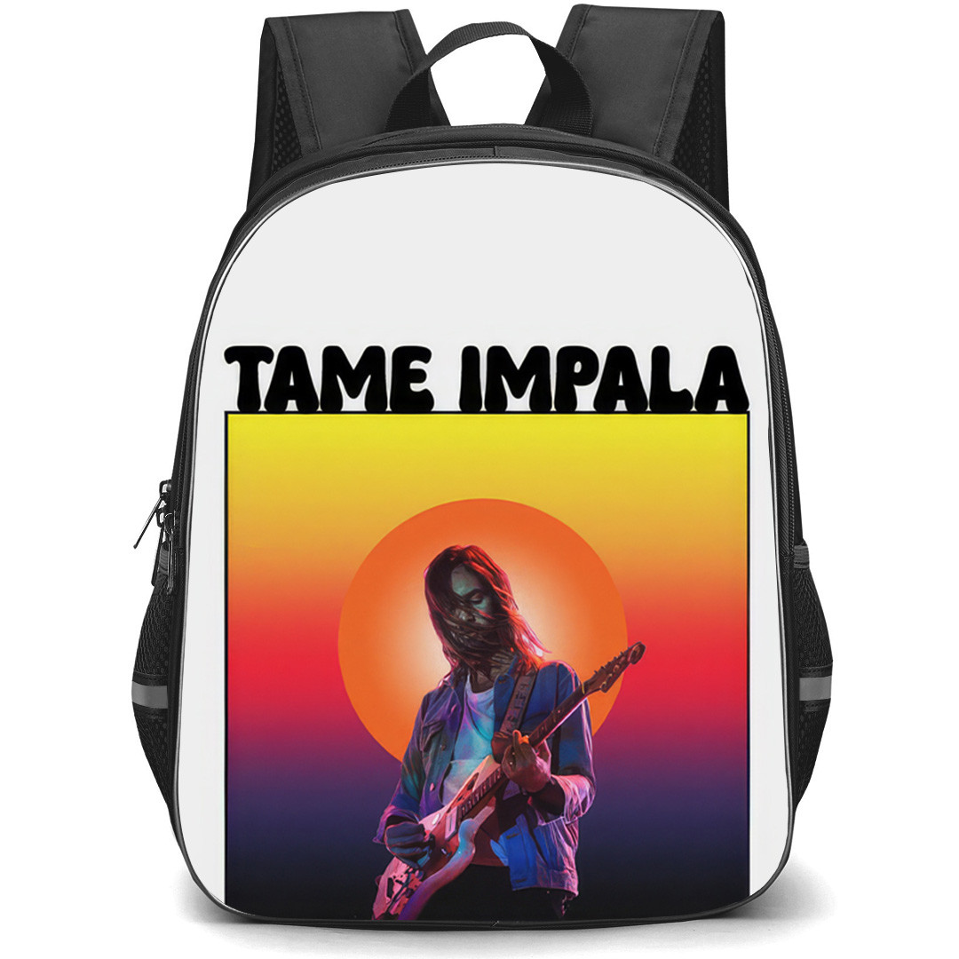 Tame Impala Backpack School Bag StudentPack - Tame Impala Retro Style Poster Kevin Parker Playing Guitar Sun White Background