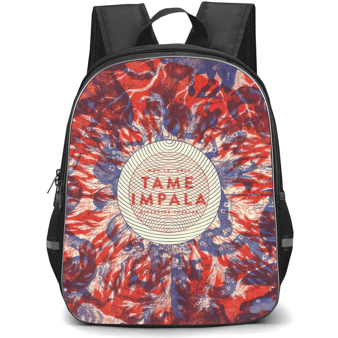 Tame Impala Backpack School Bag StudentPack - Tame Impala Text Circle on Vintage Red and Blue Halftone Zodiac Star Map Background