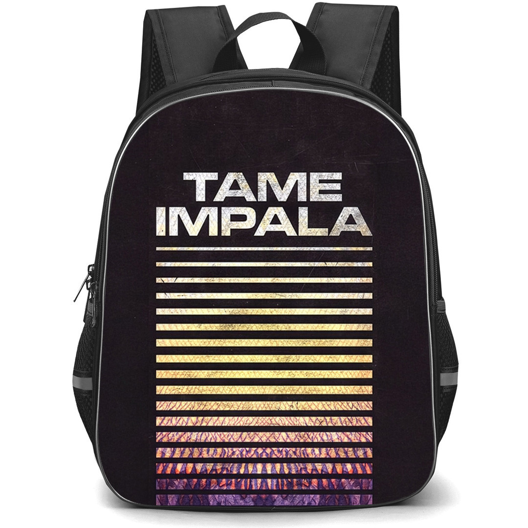 Tame Impala Backpack School Bag StudentPack - Tame Impala Text with Retro Style Lines on Dark Rusted Background