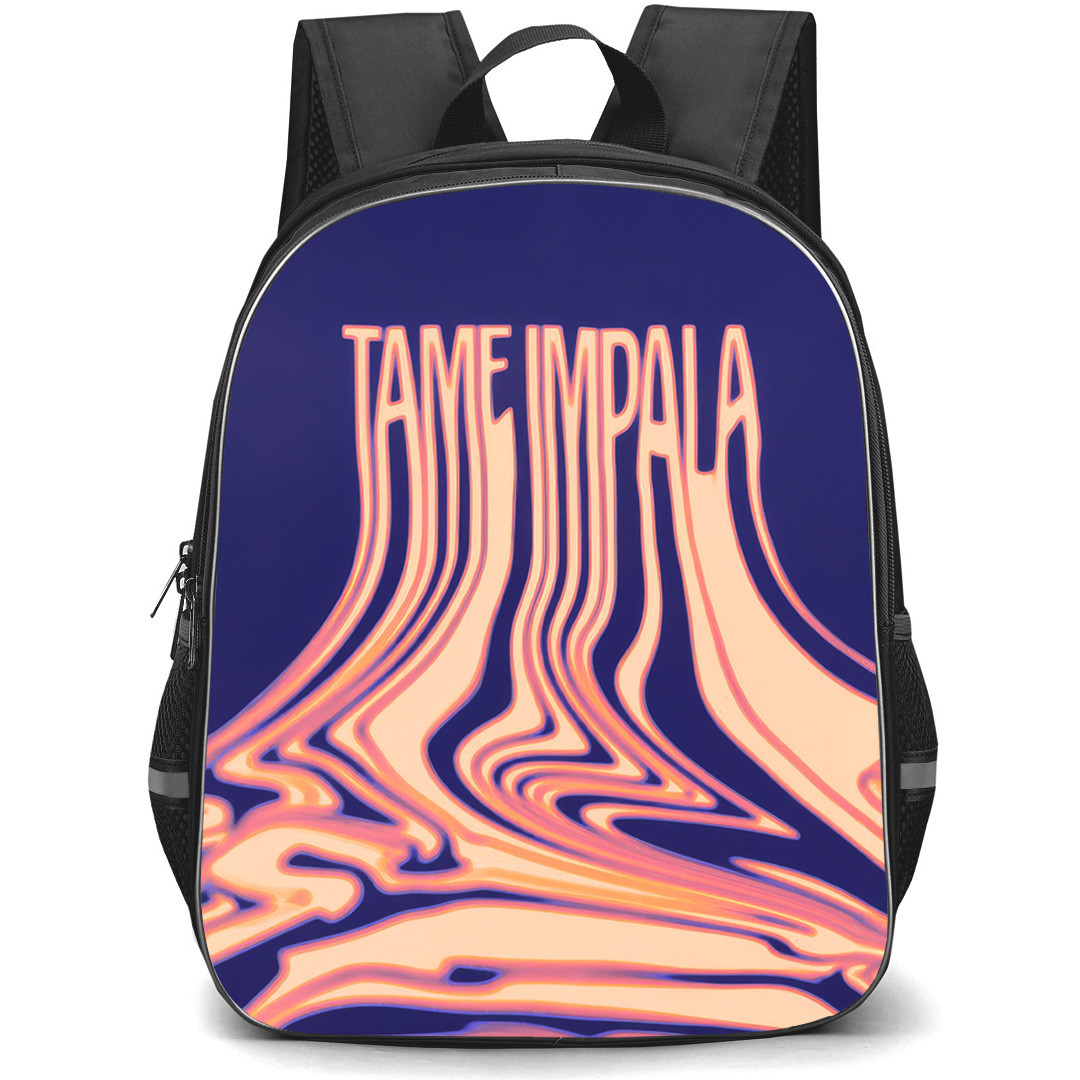 Tame Impala Backpack School Bag StudentPack - Tame Impala Tame Impala Melting Text with Wavy Flow on Blue Background