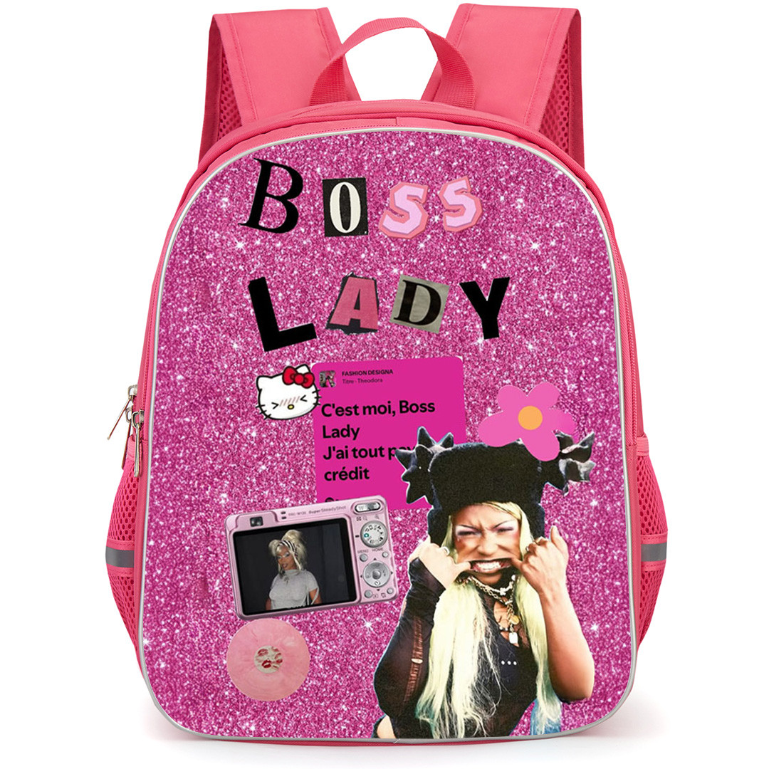 Theodora Backpack School Bag StudentPack - Theodora Boss Lady Camera Pink Glitters Background Collage Poster
