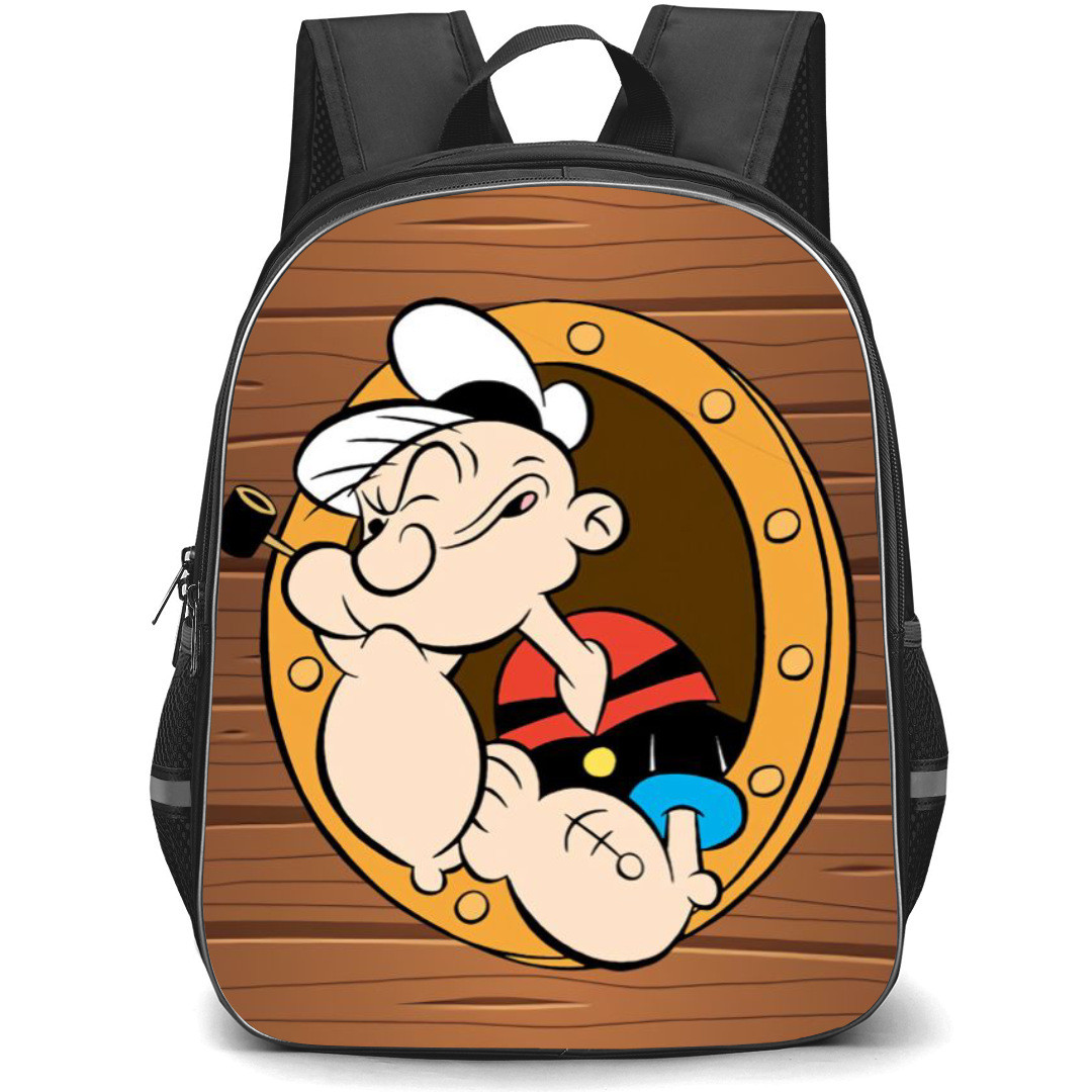 Popeye Backpack StudentPack - Popeye Head Art in Wood Bacground