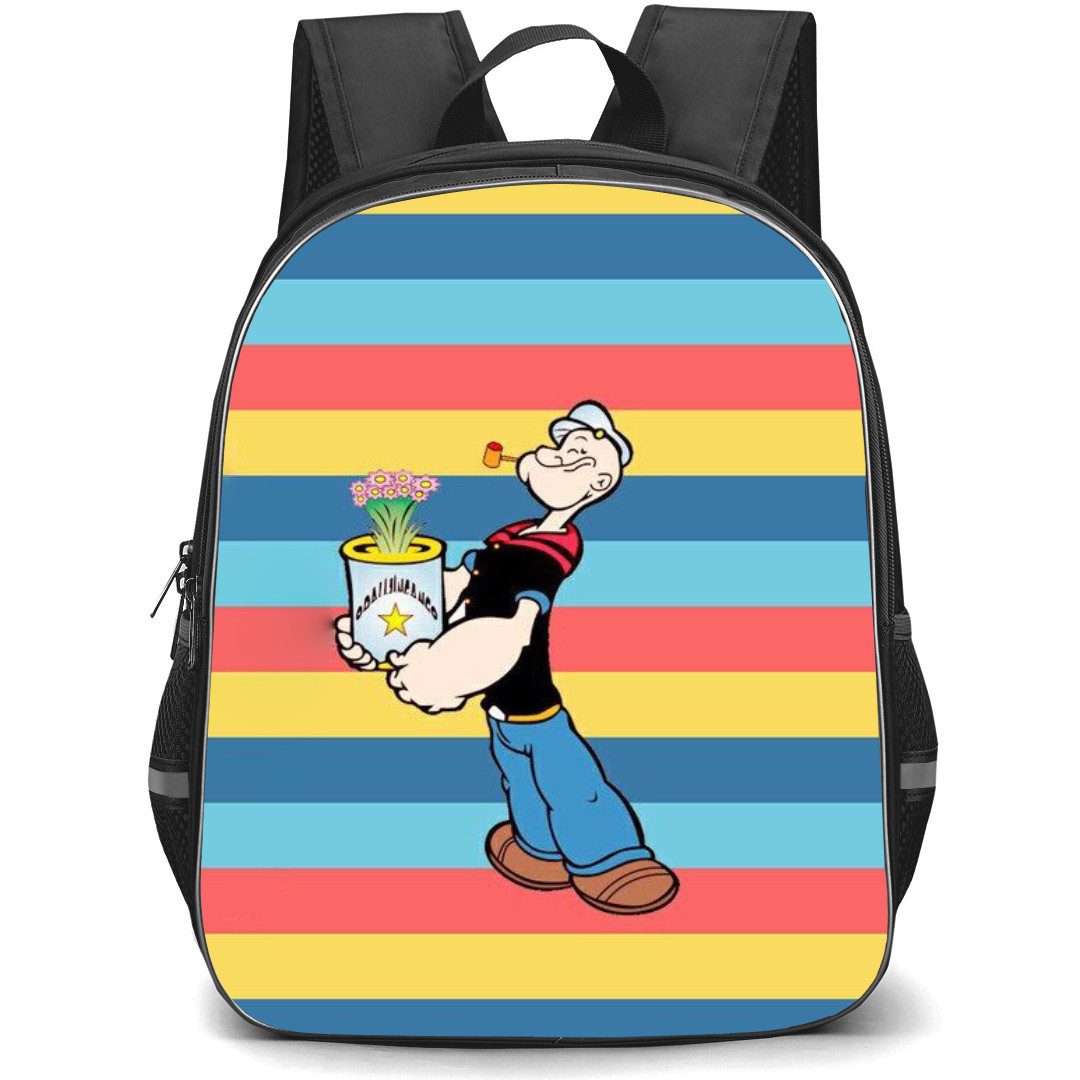 Popeye Backpack StudentPack - Popeye Holding Flower Red Yellow Blue Stripes Background