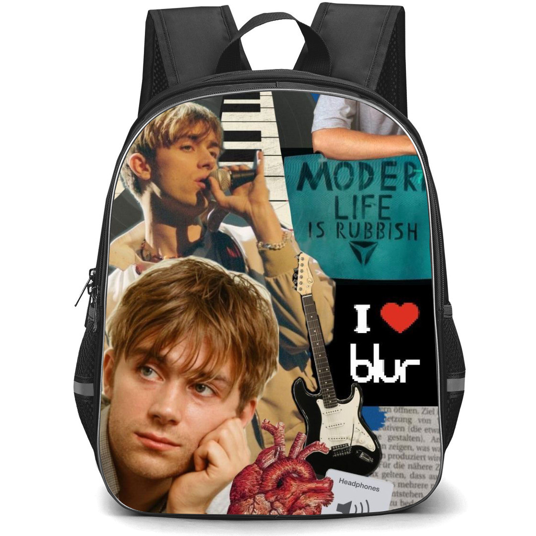 Pop Star Blur Backpack StudentPack - Damon Albarn Portrait Music Instruments Collage