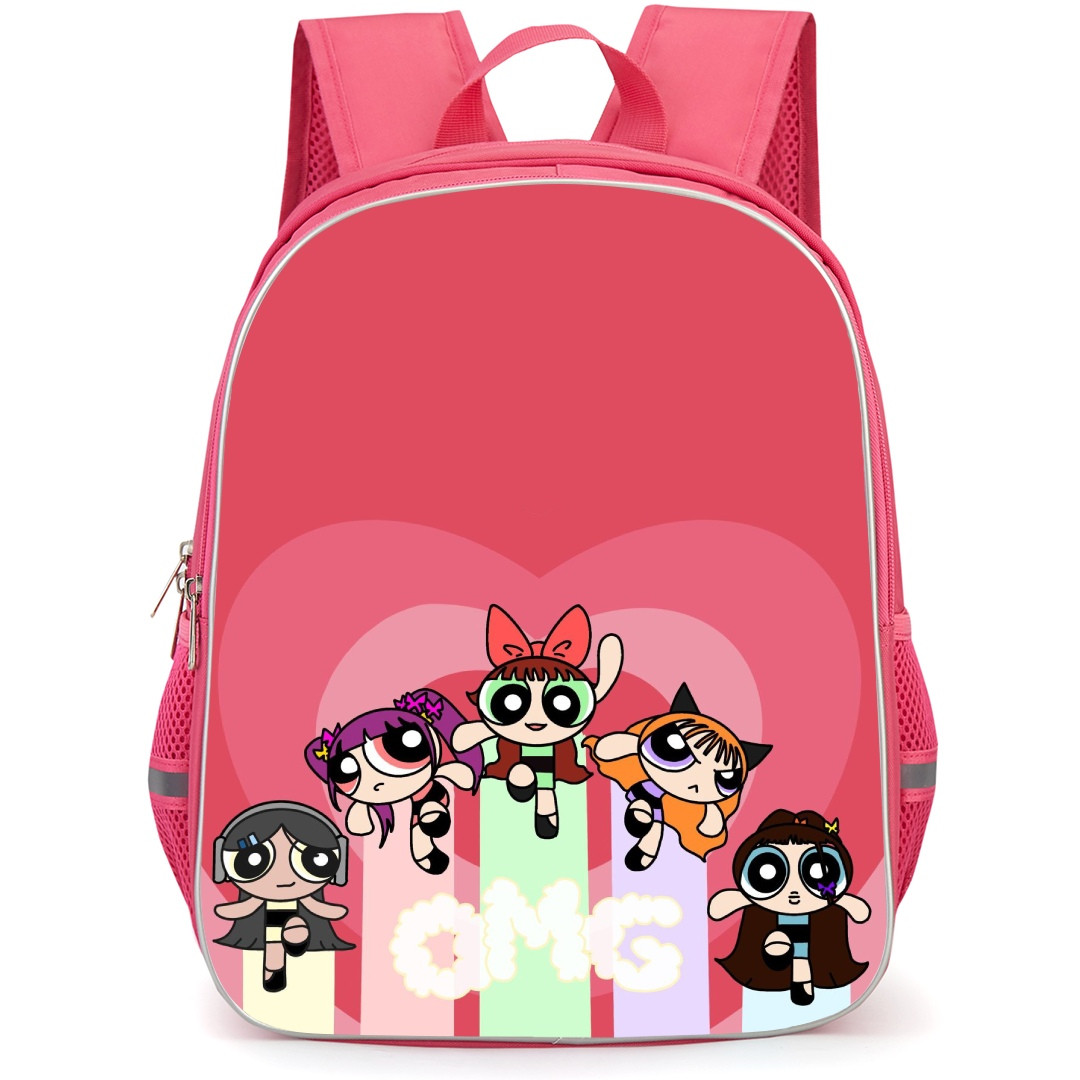 New Jeans Backpack StudentPack - New Jeans Members In The Powerpuff Girls Jumping On Pink Glitter Bed