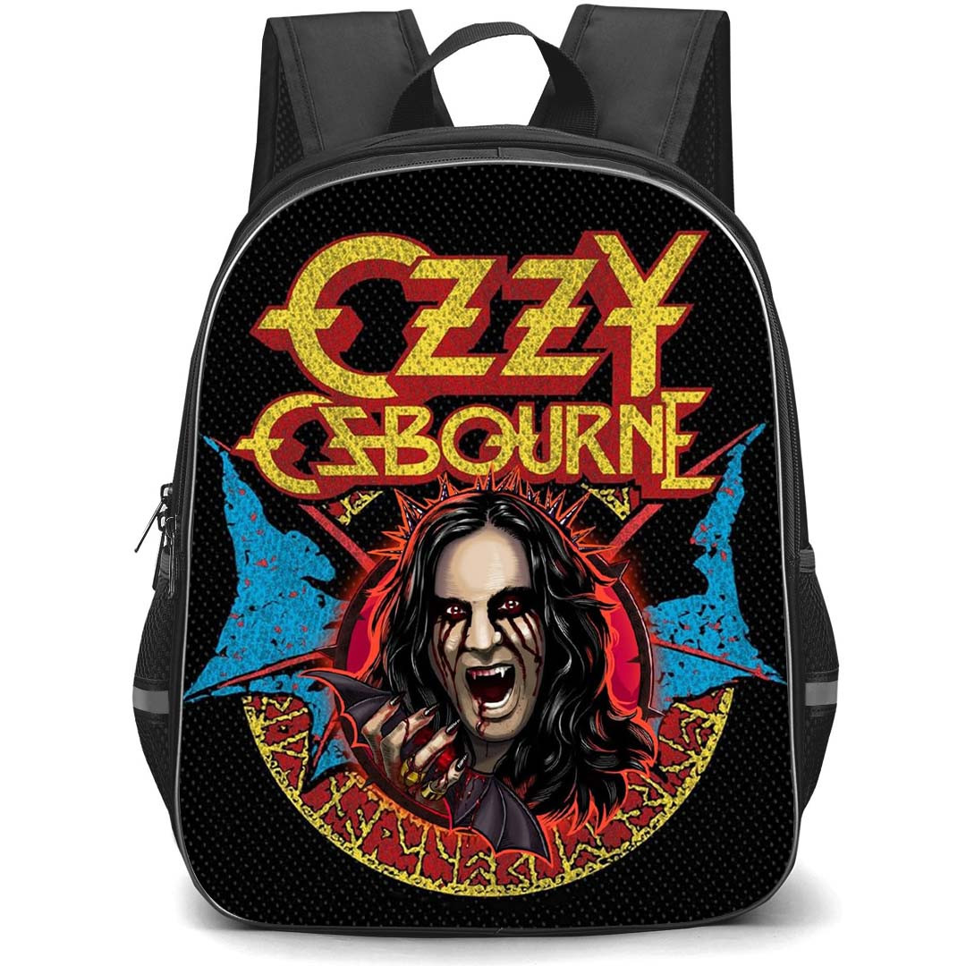 Pop Star Ozzy Osbourne Backpack StudentPack - Dracula Sticker Art On Dot Background