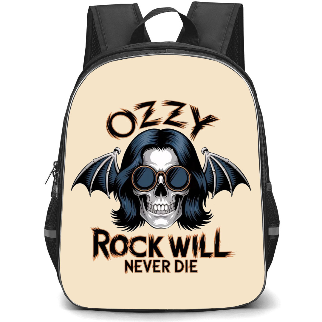 Pop Star Ozzy Osbourne Backpack StudentPack - Rock Will Never Die Sticker ON Beige Background