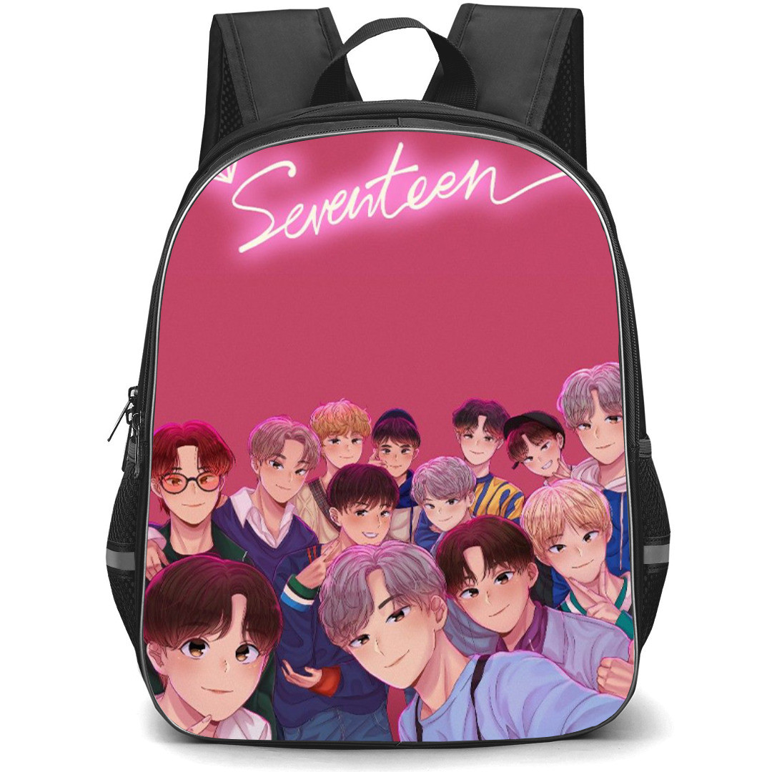 Seventeen Backpack StudentPack - Seventeen Band Member Anime Art On Pink Background