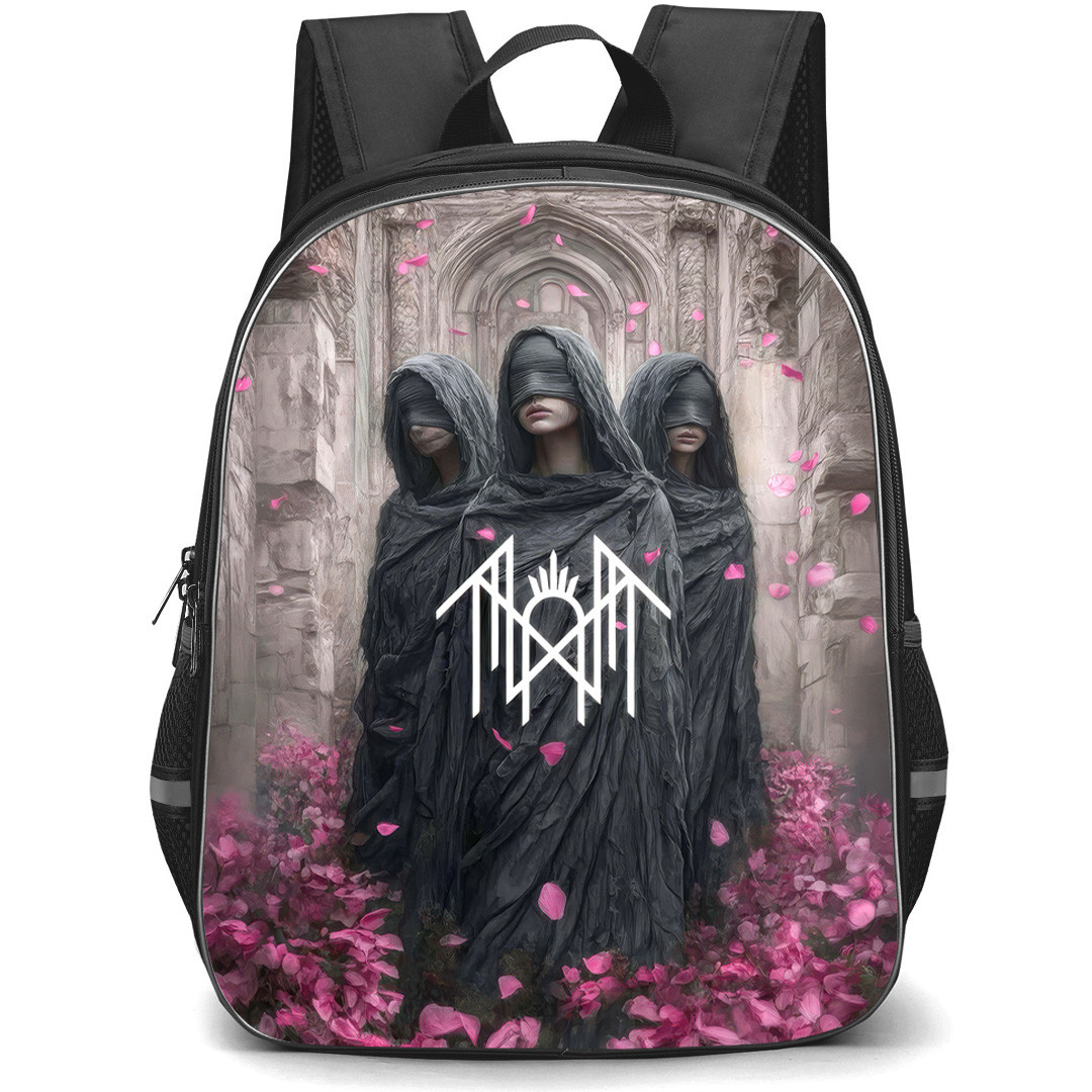 Sleep Token Backpack School Bag StudentPack - Sleep Token 3 Women Stands on Pink Flowers Background