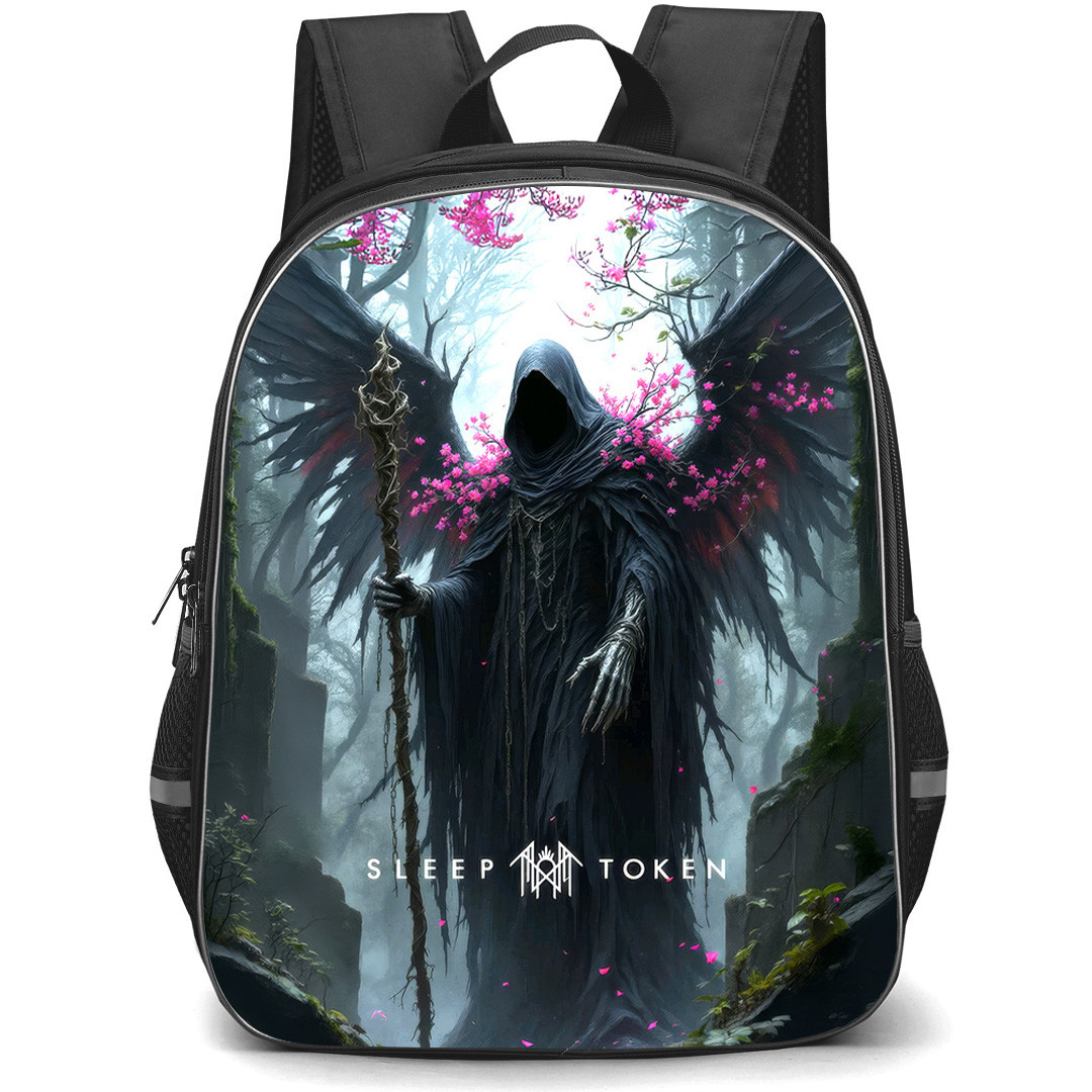 Sleep Token Backpack School Bag StudentPack - Sleep Token in Cape and Wings with Pink Flowers Forest