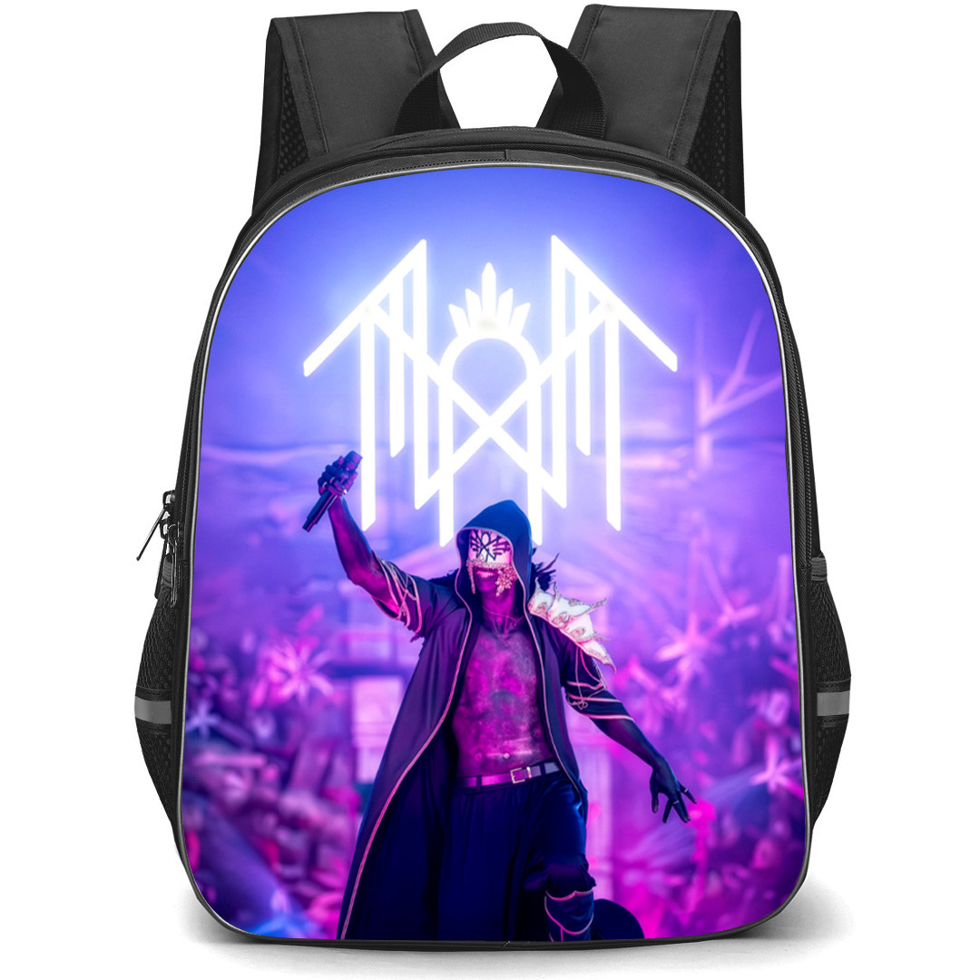 Sleep Token Backpack School Bag StudentPack - Sleep Token Holding Mic with Glowing Logo and Purple Background