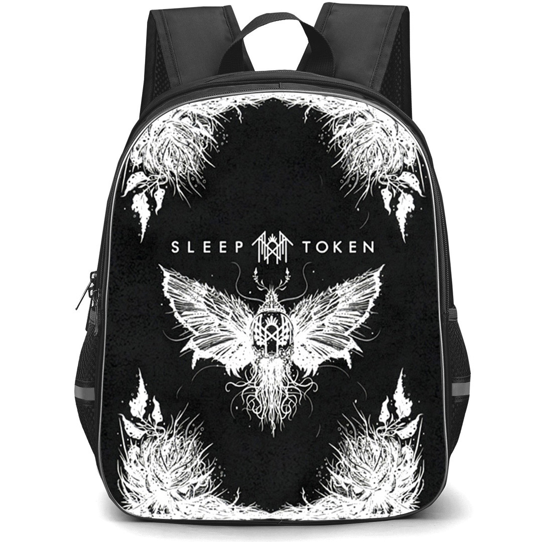 Sleep Token Backpack School Bag StudentPack - Sleep Token Smaller Moth Logo with Black and White Background