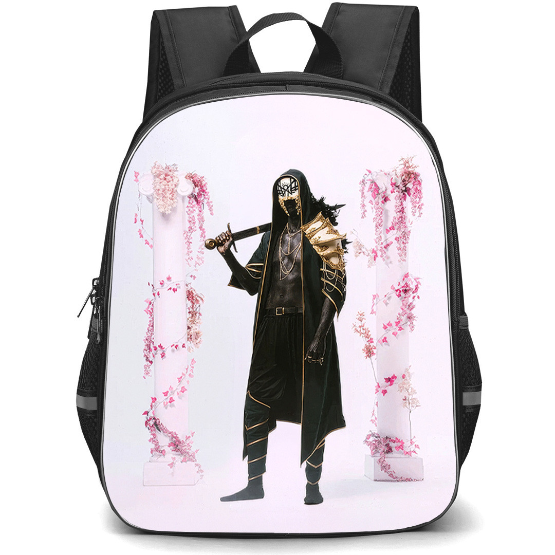 Sleep Token Backpack School Bag StudentPack - Sleep Token Standing with 2 Pink Flowers Pillars Background