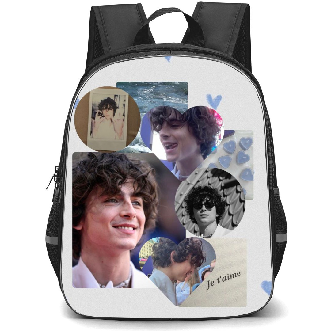 Pop Star Timothee Chalamet Backpack StudentPack - Timothee Chalamet Collage Blue Hearts Background