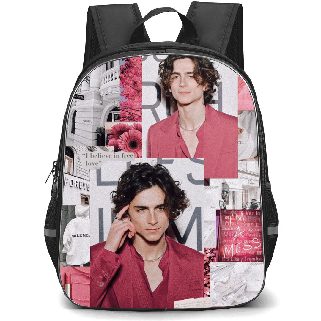 Pop Star Timothee Chalamet Backpack StudentPack - Timothee Chalamet Collage Pink Flowers Background
