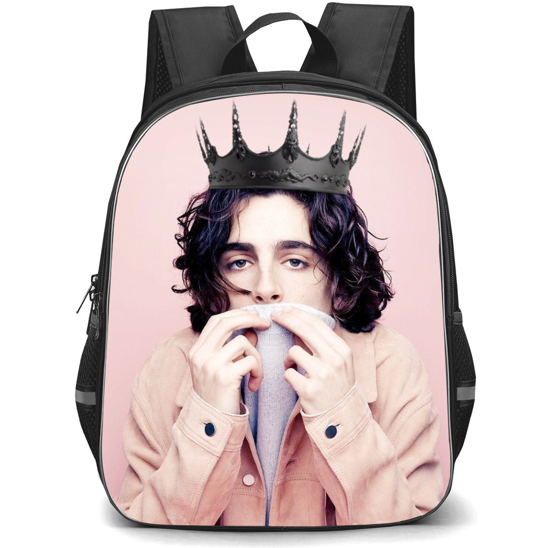 Pop Star Timothee Chalamet Backpack StudentPack - Timothee Chalamet Portait Black Crowd Pink Background