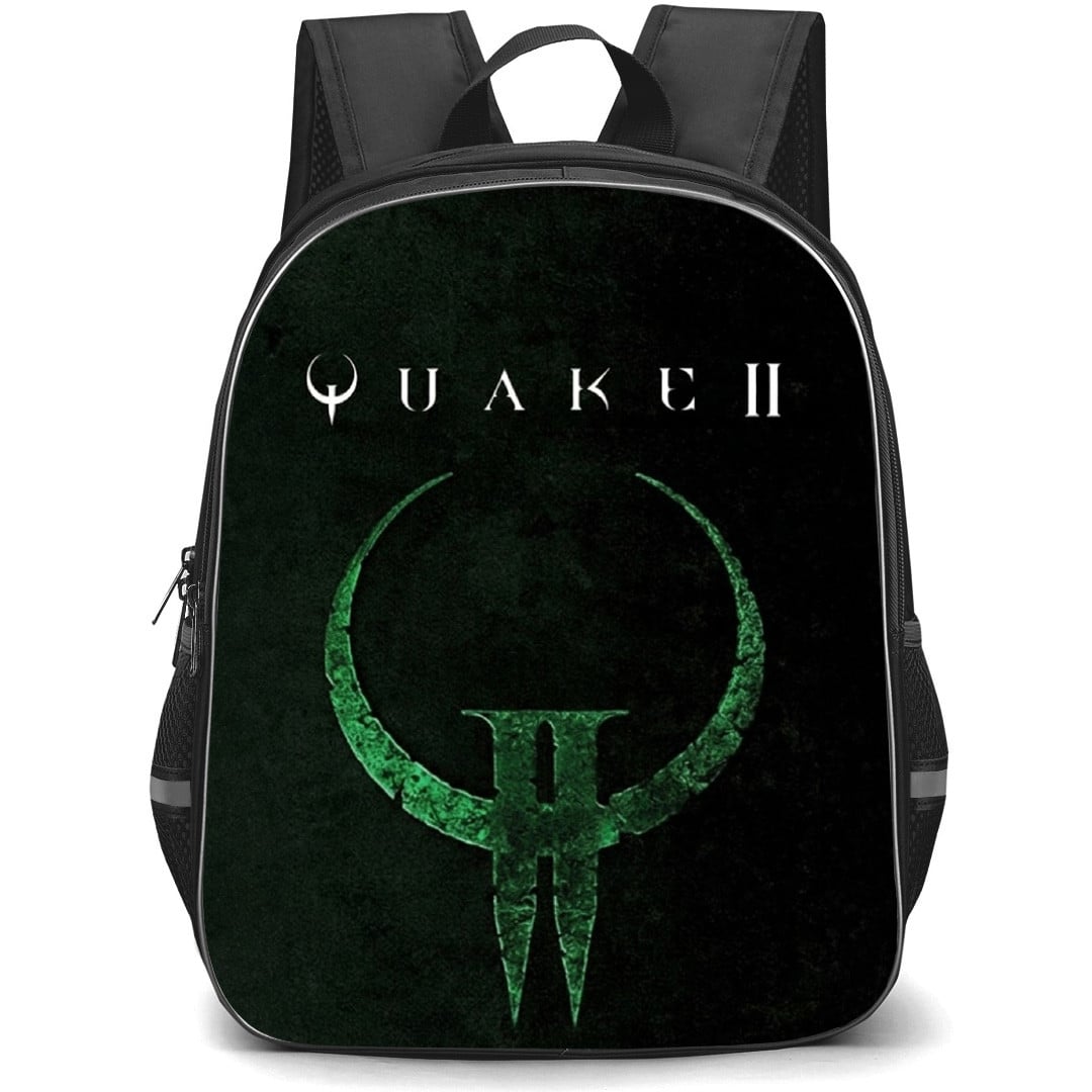Quake Backpack School Bag StudentPack - Quake 2 Logo On Dark Green Grunge Background