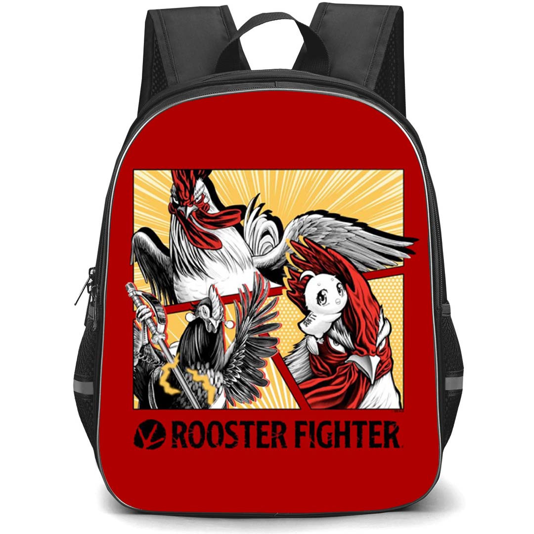 Rooster Fighter Backpack School Bag StudentPack - Rooster Fighter Character On Minimalist Red Background