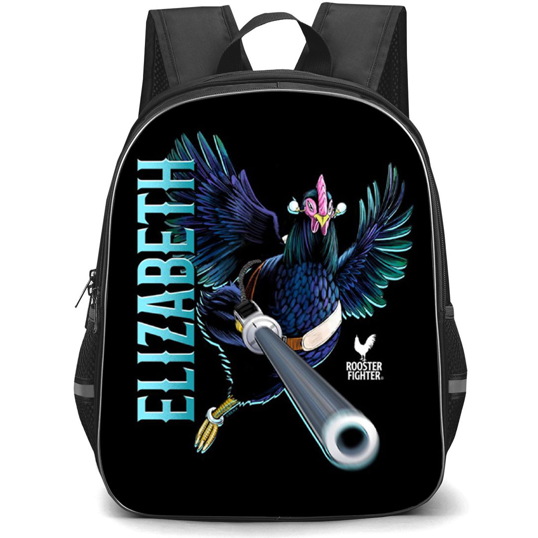 Rooster Fighter Elizabeth Backpack School Bag StudentPack - Elizabeth Holding Huge Gun Barrel On Black Background