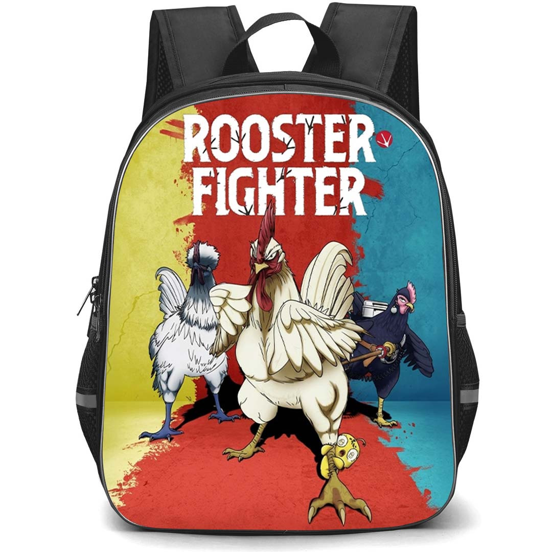 Rooster Fighter Backpack School Bag StudentPack - Rooster Fighter Keisuke And Crew Angry Battle Chickens On Yellow Red Blue Background