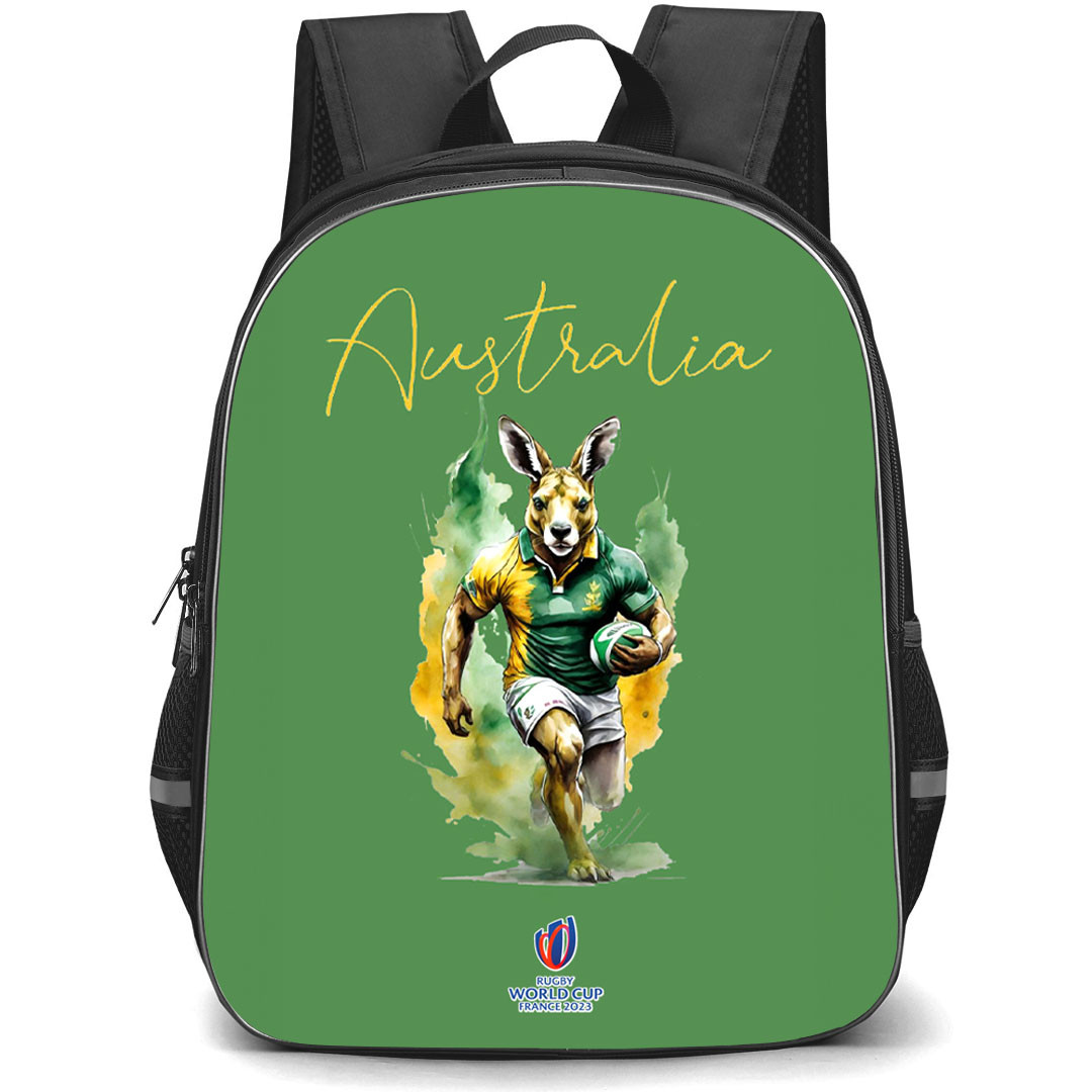 Rugby World Cup France 2023 Australia National Rugby Union Backpack StudentPack - Kangaroo Run On Green Background