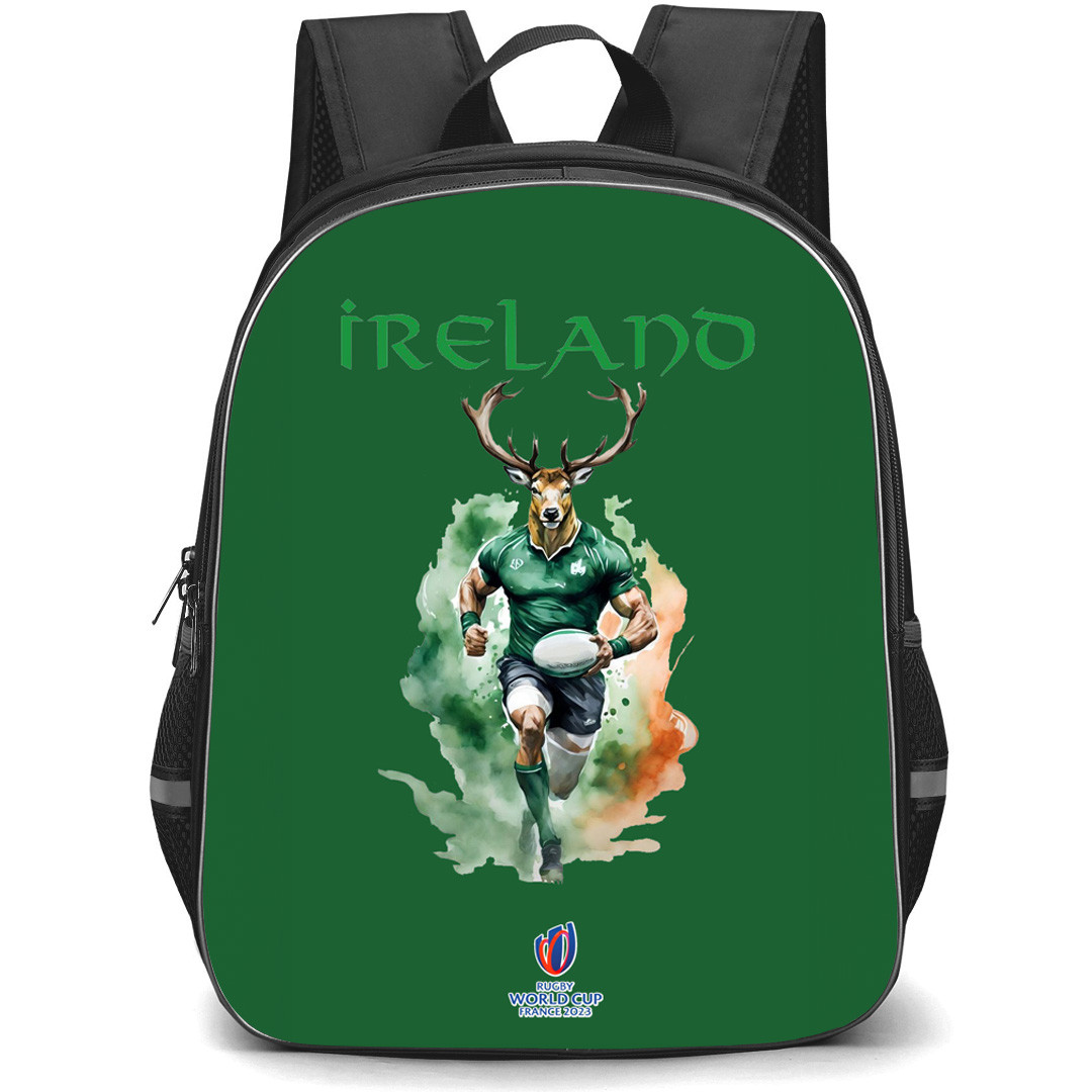 Rugby World Cup France 2023 The Ireland National Rugby Union Backpack StudentPack - Deer Running On Green Background