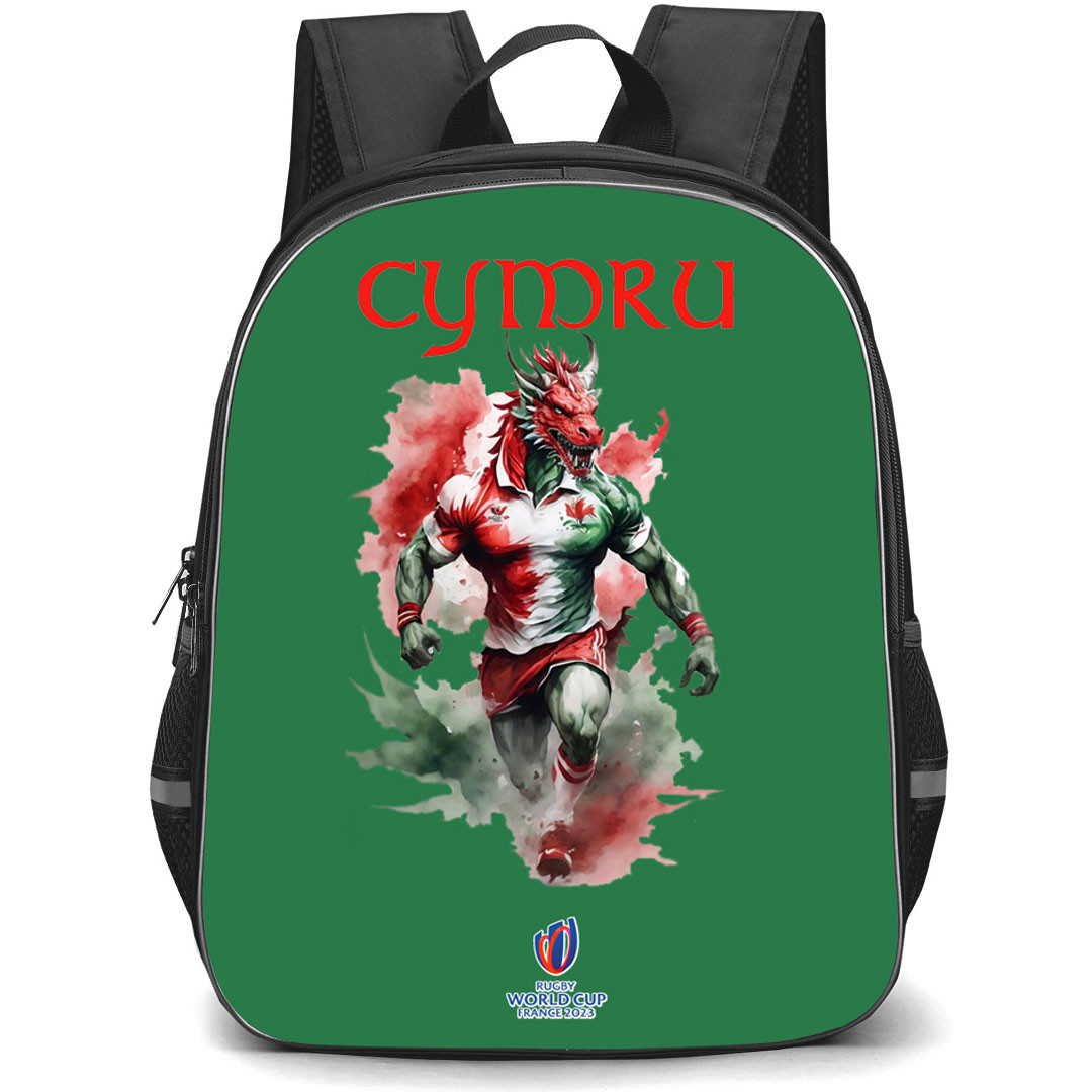 Rugby World Cup France 2023 The Wales National Rugby Union Backpack StudentPack - Dragon Standing On Green Background