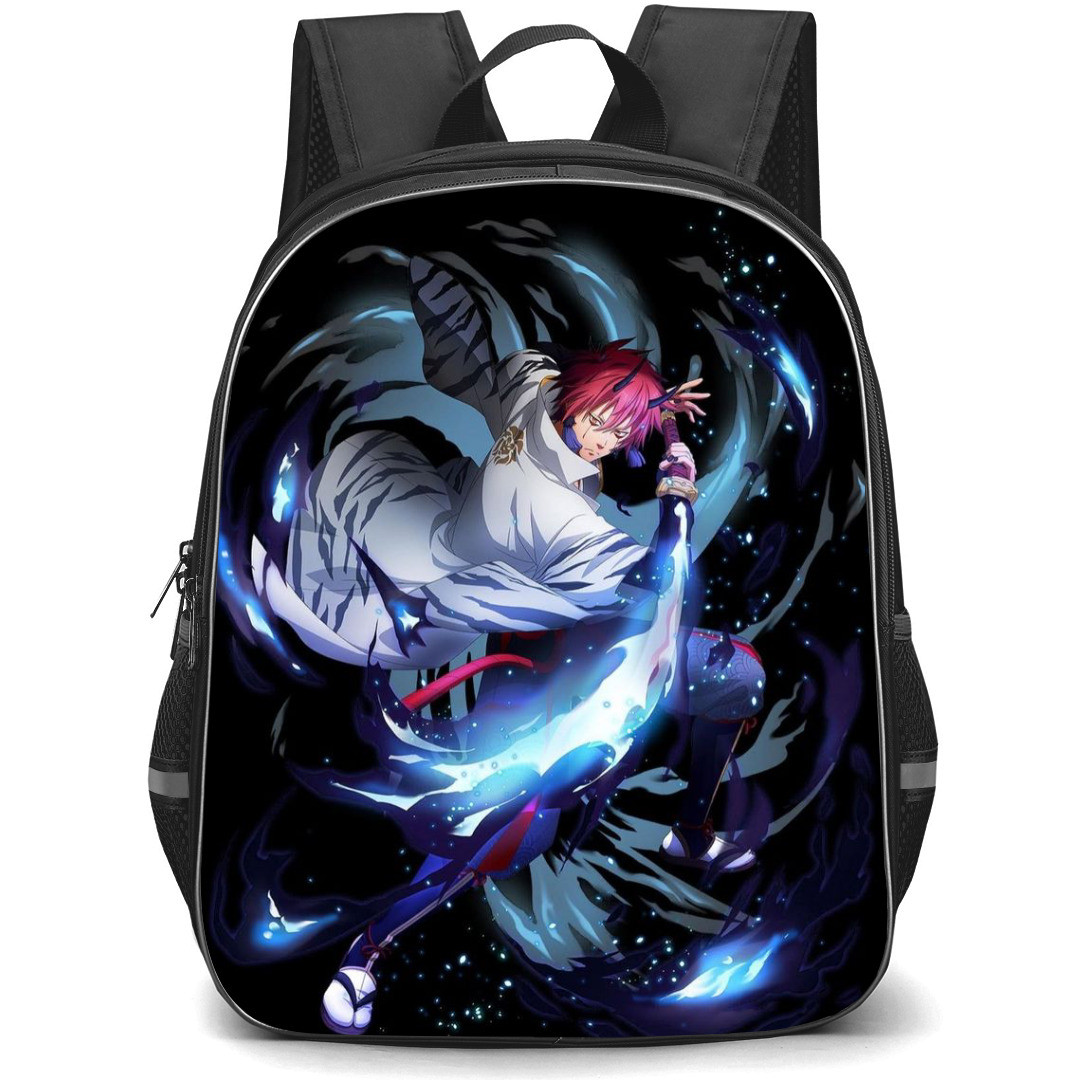 That Time I Got Reincarnated As A Slime Benimaru Backpack StudentPack - Benimaru Attack Pose Flaming Sword Black Background
