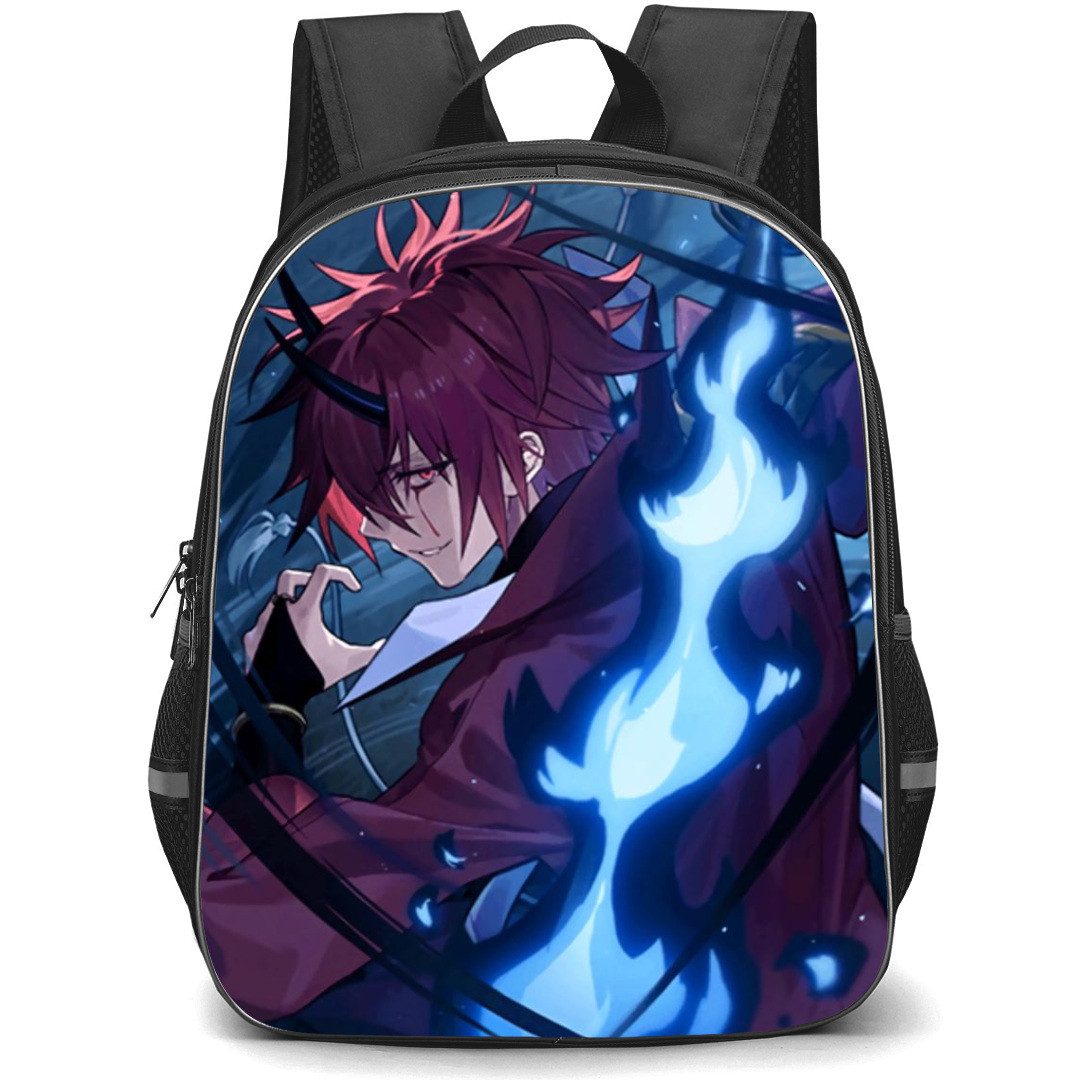 That Time I Got Reincarnated As A Slime Benimaru Backpack StudentPack - Benimaru Side Pose Flaming Sword Gray Background