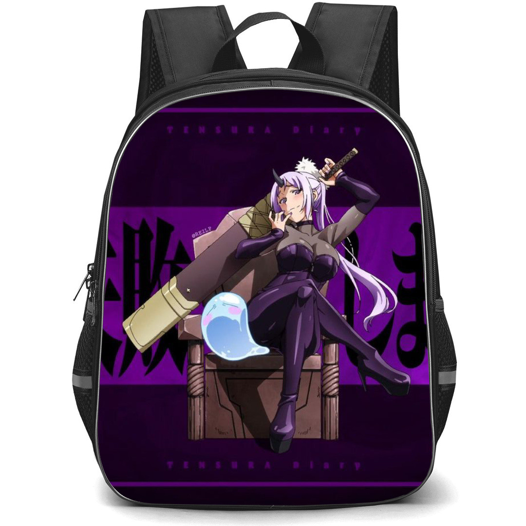That Time I Got Reincarnated As A Slime Shion Backpack StudentPack - Shion Sitting on a Chair Black and Violet Background